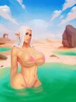  2023 big_breasts bikini boobsgames breasts clothing desert elf female hair hi_res humanoid humanoid_pointy_ears not_furry outside partially_submerged sky solo swimwear water white_hair 