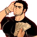  1boy bara beard_stubble black_hair bracelet hand_up highres holding holding_money jewelry large_pectorals light_blush lucas_lee male_focus male_prostitution money muscular muscular_male one_eye_closed pectorals photo_inset sanpaku scott_pilgrim_(series) scratching_head shirt short_hair sideburns solo_focus sweatdrop t-shirt thick_eyebrows thinking tight_clothes tight_shirt toragoru upper_body 