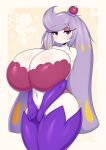  big_breasts big_butt blonde_hair blush bottomwear breasts butt cleavage clothed clothing female generation_7_pokemon hair hi_res huge_breasts huge_butt huge_thighs humanoid hyper hyper_breasts long_hair looking_at_viewer multicolored_hair narrowed_eyes navel nintendo pink_eyes pokemon pokemon_(species) purple_hair smile solo standing tailzkim thick_thighs topwear tsareena unknown_character white_body wide_hips 