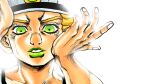  1boy baseball_cap blonde_hair emporio_alnino green_eyes green_lips hand_on_another&#039;s_cheek hand_on_another&#039;s_face hat jojo_no_kimyou_na_bouken male_child metamin_(memethah) migikata_no_chou_(vocaloid) official_style parody pov pov_hands solo_focus stone_ocean 