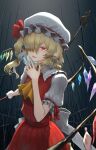 1girl bare_arms blonde_hair commentary_request crystal fang flandre_scarlet flat_chest hair_over_one_eye hand_up harapan-kun hat highres holding holding_weapon laevatein_(touhou) long_bangs long_hair medium_hair mob_cap one_side_up pointy_ears puffy_short_sleeves puffy_sleeves red_eyes short_sleeves solo touhou tsurime weapon wings 