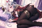  1girl absurdres ass bed blush breasts cuffs demon fox_mask highres horns long_hair mask naraka_(nijisanji) nijisanji on_bed pantyhose pointy_ears red_eyes shackles smile sugiki virtual_youtuber 