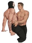  2boys absurdres arm_tattoo artist_name bara black_hair black_pants call_of_duty call_of_duty:_modern_warfare_2 couple facial_hair ghost_(modern_warfare_2) hands_on_another&#039;s_hips highres iba_(kcokaine) large_pectorals looking_at_another male_focus mask multiple_boys muscular muscular_male nipples pants pectorals short_hair sidecut simple_background skull_mask soap_(modern_warfare_2) tattoo white_background yaoi 