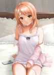  1girl absurdres arm_support blush breasts ca_paria cable camisole cellphone collarbone egg_vibrator highres hojo_karen idolmaster idolmaster_cinderella_girls looking_at_viewer on_bed orange_hair panties phone pink_shirt sex_toy shirt sitting small_breasts solo underwear vibrator white_camisole white_panties 