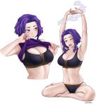  1girl ;o absurdres adjusting_clothes adjusting_shirt armpits arms_up artist_name bare_legs bare_shoulders barefoot black_panties black_sports_bra boku_no_hero_academia breasts cleavage dismaiden highres lady_nagant looking_at_viewer looking_to_the_side multicolored_hair multiple_views navel one_eye_closed open_mouth panties parted_lips pink_hair purple_eyes purple_hair purple_shirt shirt short_hair sitting sleeveless sleeveless_shirt smoke sports_bra stomach stretching tears thighs toes two-tone_hair under_armour underwear white_background yawning zipper 