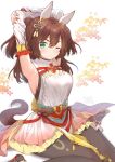  1girl animal_ears armpits arms_up black_pantyhose blush breasts brown_hair detached_sleeves double-parted_bangs ear_covers gradient_skirt green_eyes hair_ornament highres horse_ears horse_girl horse_tail inari_one_(fields_of_gold)_(umamusume) inari_one_(umamusume) long_hair medium_breasts mochiko_tsuru nontraditional_miko official_alternate_costume one_eye_closed pantyhose presenting_armpit sash sideboob sitting sleeveless solo stretching tail tassel tassel_hair_ornament two_side_up ultraman_belial_early_style umamusume wariza 