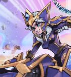  1girl animal belt blue_background blue_eyes bodysuit braid braided_ponytail breasts bristle brown_belt chain gem grin large_breasts league_of_legends long_hair multicolored_background phantom_ix_row purple_background purple_bodysuit riding rock sejuani shoulder_plates single_braid smile teeth white_hair 