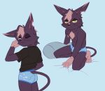  anthro biped black_clothing black_shirt black_topwear blue_clothing blue_underwear clothed clothing domestic_cat felid feline felis fingers green_eyes hatakerub hi_res male mammal maximo_(hatakerub) notched_ear one_eye_closed shirt solo tail topwear underwear underwear_only whiskers 