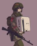  1girl ak-74 assault_rifle b1-517 backpack bag black_hair body_armor carrying chin_strap game_console glasses gun helmet highres kalashnikov_rifle military original playstation_5 red_eyes rifle soviet_flag tactical_clothes tongue tongue_out weapon 