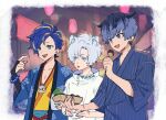  3boys :d :p alternate_costume animal_ears aqua_eyes astel_leda bag black_bridal_gauntlets blonde_hair blue_eyes blue_hair blue_jacket blue_sash blue_shirt blurry blurry_background border bridal_gauntlets coin_purse colored_eyelashes cup curtained_hair earrings eating food hair_behind_ear hair_between_eyes hair_flaps hajimari_no_kioku haori highres holding holding_bag holding_cup holding_food holostars jacket japanese_clothes jewelry jinbei_(clothes) lantern looking_at_another male_focus merck_(astel_leda) multicolored_hair multiple_boys official_alternate_costume outside_border paper_lantern pointing pointing_at_self rozu_ki sash shaved_ice shirt short_hair short_sleeves sideways_glance sleeves_past_elbows smile streaked_hair summer_festival swept_bangs takoyaki tiger_boy tiger_ears tongue tongue_out two-tone_hair upper_body uratty virtual_youtuber white_border white_hair white_jacket yellow_shirt zipper_pull_tab 