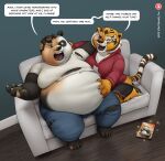  anthro baggy_clothing belly belly_expansion belly_grab clothing dreamworks duo expansion female gender_transformation hi_res kung_fu_panda male master_po_ping master_tigress miltonholmes mtf pawpads torn_clothing transformation weight_gain 