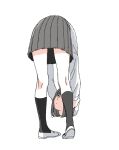  1girl bent_over black_eyes black_socks bob_cut closed_mouth commentary disembodied_head expressionless from_behind full_body grey_hair grey_skirt holding_head kneehighs kneepits long_sleeves looking_up mary_janes original pleated_skirt school_uniform shirt shoes shokugyo short_hair simple_background skirt socks solo white_background white_footwear white_shirt 