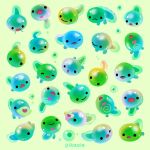  animal animal_focus artist_name black_eyes closed_eyes closed_mouth commentary english_commentary frog_egg green_background heart no_humans one_eye_closed open_mouth original pikaole simple_background smile solid_circle_eyes tadpole watermark 