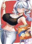  1girl absurdres alternate_costume breasts calbee_(potato_chips) chips_(food) cleavage commission demon_girl demon_horns demon_wings duel_monster dutch_angle eating food grey_eyes gym_pants hatano_kiyoshi highres holding holding_food horns huge_breasts lovely_labrynth_of_the_silver_castle midriff navel potato_chips skeb_commission sports_bra standing twintails white_hair wings yu-gi-oh! 