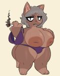  2023 angry anthro areola big_areola big_breasts bra breasts brown_body brown_fur cigarette clothed clothing dipstick_ears dipstick_tail domestic_cat felid feline felis female fur grey_hair hair holding_clothing holding_object huge_breasts inverted_nipples mammal markings mature_female multicolored_body multicolored_ears multicolored_fur nipples panties panties_only pknicky solo tail tail_markings thick_thighs topless two_tone_body two_tone_fur two_tone_tail underwear underwear_only 
