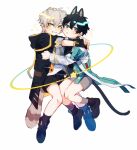  2boys animal_ears black_hair black_jacket black_shirt caelus_(honkai:_star_rail) chibi cuddling dan_heng_(honkai:_star_rail) fingerless_gloves gloves green_eyes grey_hair hair_between_eyes hara_pan-kun highres honkai:_star_rail honkai_(series) jacket multiple_boys open_mouth pants red_eyeliner shirt short_hair shorts simple_background tail trailblazer_(honkai:_star_rail) white_background yellow_eyes zipper 