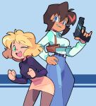  2girls bacun black_sweater blonde_hair blue_eyes breasts brown_skirt collared_shirt dark-skinned_female dark_skin denim gun gunsmith_cats handgun jeans medium_breasts minnie_may_hopkins multiple_girls one_eye_closed open_mouth pants pantyhose parted_lips rally_vincent shirt short_hair skirt smile smirk sweater sweater_tucked_in v-shaped_eyebrows weapon white_shirt 