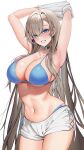  1girl absurdres armpits arms_up asuna_(blue_archive) bare_shoulders bikini blue_archive blue_bikini blue_eyes breasts choker commentary_request cowboy_shot grey_hair grin highres large_breasts long_hair looking_at_viewer navel ouo_(ouoq2) short_shorts shorts simple_background smile solo standing stomach swimsuit thighs very_long_hair white_background white_shorts 