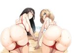  2girls :p all_fours anus ass beach bikini bikini_bottom_pull bikini_top_pull black_hair blue_eyes border breasts brown_hair closed_mouth english_commentary fading_border girls_und_panzer hair_between_eyes katyusha_(girls_und_panzer) large_breasts licking_lips long_hair looking_at_viewer medium_breasts multiple_girls nico-mo nipples nonna_(girls_und_panzer) ocean pussy red_bikini short_hair shoulder_blades side-tie_bikini_bottom sideboob swimsuit tongue tongue_out uncensored wet 