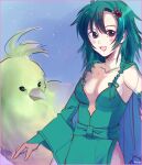  1girl aged_up artist_request blue_eyes blush breasts cape chocobo cleavage collarbone detached_sleeves final_fantasy final_fantasy_iv green_hair hair_ornament long_hair looking_at_viewer open_mouth rydia_(ff4) smile 