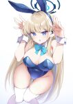  1girl animal_ears ass_visible_through_thighs blonde_hair blue_archive blue_eyes blue_leotard bow bowtie breasts detached_collar fake_animal_ears halo highres kanmuri_(kannmuri0227) large_breasts leotard long_hair looking_at_viewer official_alternate_costume playboy_bunny rabbit_ears solo strapless strapless_leotard thighhighs thighs toki_(blue_archive) toki_(bunny)_(blue_archive) white_background wrist_cuffs 