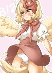  1girl :&lt; ahoge animal animal_on_head between_legs bird bird_girl bird_tail blonde_hair blush bow bow_panties breasts chick commentary_request cowboy_shot crop_top dated feathered_wings hair_between_eyes high-waist_skirt looking_to_the_side mepikari miniskirt multicolored_hair neckerchief niwatari_kutaka on_head open_mouth outline panties pantyshot pink_background puffy_short_sleeves puffy_sleeves red_eyes red_hair red_neckerchief red_skirt shirt short_hair short_sleeves simple_background skirt small_breasts solo standing sweat tail tail_between_legs thighs touhou two-tone_hair underwear white_outline white_panties white_shirt wind wind_lift wings yellow_wings 