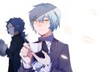  1boy 1girl angela_(project_moon) ascot black_ascot black_shirt blue_ascot blue_hair chesed_(project_moon) closed_mouth collared_shirt commentary_request cup film_grain frilled_sleeves frills grey_jacket highres holding holding_cup jacket library_of_ruina light_blue_hair long_sleeves open_clothes open_jacket orange_brooch project_moon shirt short_hair simple_background smile teacup white_background white_shirt winddoge yellow_eyes 