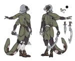  2023 3_fingers 4_arms 4_eyes alien anthro armor biped claws clothed clothing color_swatch colored dagger darth_biomech fingers furgonomics green_clothing green_eyes grey_helmet headgear helmet hi_res male melee_weapon multi_arm multi_eye multi_limb raharr solo sword tail tail_clothing weapon 