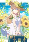  1girl absurdres blonde_hair blue_eyes blue_sky blush bracelet braid cloud collarbone commentary_request day dress field flower flower_field hair_between_eyes hair_ribbon hat hat_ribbon highres holding holding_suitcase jewelry kurobikari long_hair looking_at_viewer original outdoors parted_lips ribbon sky straw_hat suitcase summer sun_hat sunflower white_dress 