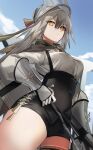  1girl arknights black_shorts blue_sky breasts brown_eyes closed_mouth cloud commentary_request day fartooth_(arknights) gauntlets goma_74umai grey_hair hair_between_eyes high-waist_shorts highres holding long_hair medium_breasts outdoors short_shorts shorts sky solo thighs visor_(armor) 