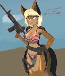  anthro assault_rifle belt bikini bikini_bottom bikini_top blonde_hair canid canine canis clothing dialogue domestic_dog female german_shepherd gun hair herding_dog hi_res holding_object holding_weapon holster m4 mammal pastoral_dog ranged_weapon rifle solo speech_bubble sprrigs- stars_and_stripes swimwear thigh_strap united_states_of_america unnamed_character weapon 