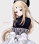  1girl abigail_williams_(event_portrait)_(fate) abigail_williams_(fate) black_headwear blonde_hair blue_eyes bodystocking braid braided_ponytail breasts closed_mouth dress fate/grand_order fate_(series) forehead grey_dress hat highres keyhole long_hair long_sleeves looking_at_viewer off_shoulder parted_bangs sidelocks small_breasts smile solo sumi_(gfgf_045) very_long_hair 