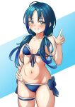  1girl arthur_ko bare_arms bare_legs bare_shoulders bikini blue_bikini blue_hair blush breasts collarbone cosplay cowboy_shot green_eyes grin groin hand_on_own_hip highres index_finger_raised kantai_collection long_hair navel shigure_(kancolle) shigure_kai_san_(kancolle) shigure_kai_san_(kancolle)_(cosplay) small_breasts smile solo suzukaze_(kancolle) swimsuit thigh_strap twitter_username 