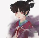  1girl blood blood_on_clothes blood_on_hands closed_mouth dying earrings eyeliner highres inuyasha japanese_clothes jewelry kagura_(inuyasha) kimono light_smile long_sleeves looking_down makeup pointy_ears ponytail red_eyes upper_body white_background zuchi_wan 