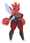  anthro armwear big_breasts bottomwear breasts claws clothed clothing collar female generation_2_pokemon hi_res legwear nintendo pokeball pokemon pokemon_(species) red_body scizor shirt shorts simple_background solo spikes stockings topwear urusee584 white_background wings yellow_eyes 