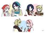  1boy 2girls alcryst_(fire_emblem) alternate_costume apron ascot asymmetrical_hair baking blonde_hair blue_hair citrinne_(fire_emblem) closed_eyes dolly_deer earrings feather_hair_ornament feathers fire_emblem fire_emblem_engage flower fur_trim hair_ornament hairband hairclip holding hoop_earrings jewelry lapis_(fire_emblem) multiple_girls necklace pink_hair red_hairband ribbon shirt short_hair white_ascot white_background white_ribbon 