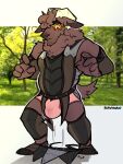  2023 anthro armor bodily_fluids bovid briefs bulge caprine clothing hi_res ineffective_armour ineffective_clothing leather leather_clothing looking_down male mammal pink_clothing pink_underwear ravan simple_background solo standing surprised_expression sweat sweatdrop underwear 