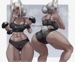  1girl abs aelion_draws animal_ears ass bare_arms bare_shoulders black_buruma black_choker black_sports_bra blush boku_no_hero_academia border breasts buruma choker cleavage dark-skinned_female dark_skin dumbbell english_text exercise from_behind grey_background hair_bun heart highres holding large_breasts long_eyelashes long_hair looking_at_viewer midriff mirko multiple_views muscular muscular_female narrow_waist navel nike open_mouth parted_bangs parted_lips patreon_username rabbit_ears rabbit_girl rabbit_tail red_eyes single_hair_bun smile sports_bra squatting steaming_body stomach sweat tail tail_through_clothes teeth thick_thighs thigh_gap thighs upper_teeth_only white_border white_hair 
