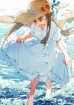  1girl ^_^ barefoot blue_ribbon blush brown_hair buttons closed_eyes collared_dress dress facing_viewer fangs flower hat hat_ribbon highres long_hair open_mouth original potg_(piotegu) ribbon short_sleeves skirt_hold smile solo straight_hair straw_hat sun_hat sunflower very_long_hair wading water white_dress 