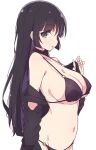  1girl bare_shoulders bikini black_bikini black_hair bocchi_the_rock! breasts chin_piercing choker cleavage colored_inner_hair ear_piercing earrings green_eyes highres jewelry large_breasts long_hair mel_(melty_pot) multicolored_hair navel o-ring o-ring_bikini off_shoulder pa-san piercing purple_hair simple_background solo strap_gap swimsuit underboob white_background 