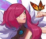  1girl animal blue_hair bug butterfly clenched_hand elderwood_xayah fur_trim hair_ornament hair_over_one_eye hand_up league_of_legends long_hair multicolored_hair red_hair simple_background solo two-tone_hair white_background wosashimi xayah yellow_eyes 