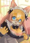  2023 4_fingers anthro big_breasts blep blonde_hair blue_eyes blush bra breasts canid canine claws cleavage clothed clothing clothing_pull digital_media_(artwork) eyelashes eyewear female female_anthro finger_claws fingers fox frilly frilly_clothing fur glasses hair japanese_text kemono looking_at_viewer mabo_(artist) maid_headdress maid_uniform mammal orange_body orange_fur pink_body pink_fur pink_hair solo text tongue tongue_out translation_request underwear uniform white_body white_fur 