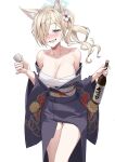 1girl absurdres animal_ears bare_shoulders blonde_hair blue_archive blue_eyes blue_halo blush bottle breasts chest_sarashi collarbone cup drunk espresso_1004 flower hair_flower hair_ornament hair_over_one_eye halo highres holding holding_bottle holding_cup japanese_clothes kanna_(blue_archive) kimono large_breasts obi ponytail purple_kimono sarashi sash sharp_teeth simple_background solo teeth white_background white_flower 