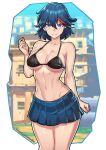  1girl bare_arms bare_shoulders black_bra blue_eyes blue_skirt blush bra breasts cleavage collarbone cowboy_shot day embarrassed groin hand_up house kill_la_kill large_breasts matoi_ryuuko miniskirt multicolored_hair navel red_hair redjet shiny_skin short_hair skirt solo streaked_hair two-tone_hair underwear web_address 