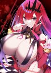  1girl baobhan_sith_(fate) checkered_floor collar detached_sleeves fate/grand_order fate_(series) highres lee-taro looking_at_viewer navel red_background red_eyes red_hair signature smile solo 