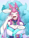  1girl ahri_(league_of_legends) alternate_hair_color animal_ear_fluff animal_ears artist_name bare_shoulders bell blue_tail blush breasts cleavage collarbone commentary_request facial_mark fangs finger_in_own_mouth fox_ears fox_girl fox_tail gradient_hair hair_bell hair_ornament highres huge_breasts kitsune league_of_legends lolboja long_hair looking_at_viewer multicolored_hair multiple_tails open_mouth pink_hair purple_hair saliva_drip solo speech_bubble spirit_blossom_(league_of_legends) spirit_blossom_ahri tail teeth tongue translation_request wavy_hair whisker_markings 