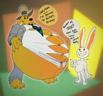  anthro belly big_belly canid canine claws close_to_bursting clothed clothing dialogue digital_media_(artwork) duo english_text flamboyantone hi_res inflation lagomorph male mammal max_(sam_and_max) navel outie_navel sam_and_max samuel_dog speech_bubble teeth text toe_claws white_body 