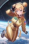 1girl absurdres astronaut black_gloves blonde_hair blue_eyes blush double_bun earth_(planet) gloves hair_bun headset highres hololive hololive_english kanata_cream looking_at_viewer official_alternate_costume official_alternate_hairstyle planet short_hair smile solo space spacesuit virtual_youtuber watson_amelia watson_amelia_(astronaut) 