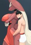  2023 anthro black_hair blush bodily_fluids breasts butt clothed clothing duo eyes_closed female generation_4_pokemon hair hi_res human human_on_anthro interspecies kinhey larger_anthro larger_female lopunny mammal nintendo pokemon pokemon_(species) pokephilia side_view size_difference smaller_human sweat topless underwear underwear_only white_clothing white_underwear 