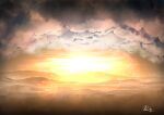  absurdres chinese_commentary cloud cloudy_sky commentary_request highres light_particles no_humans original rune_xiao scenery signature sky still_life sun sunset 